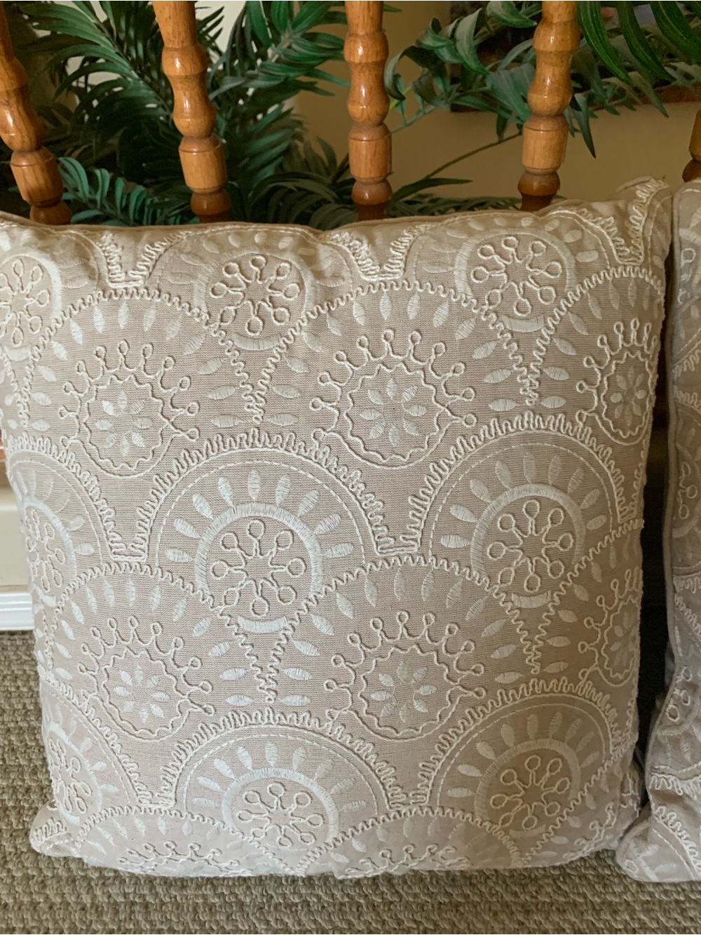 Embroidered Scallop Pattern Accent Pillows - Cream and White